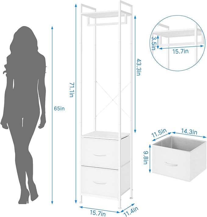 smusei Clothes Rack with Drawers Heavy Duty Garment Rack with Fabric Drawers and Storage Shelves Freestanding Clothing Rack for Bedroom Entryway Living room White
