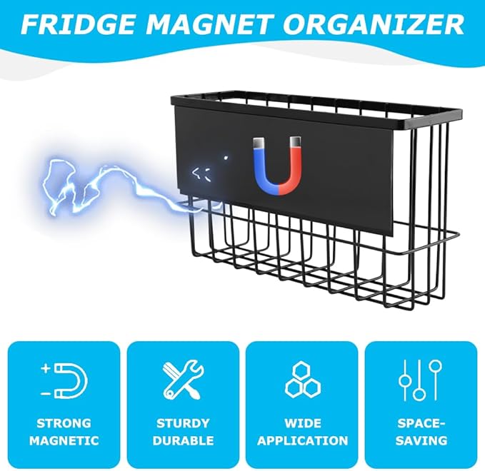 Magnetic Metal Basket Organizer for Fridge & Locker, Storage Basket for Foil/Plastic Wrap/Spice/Dryer Ball, Space-Saving Kitchen & Laundry Solution (Black, S)