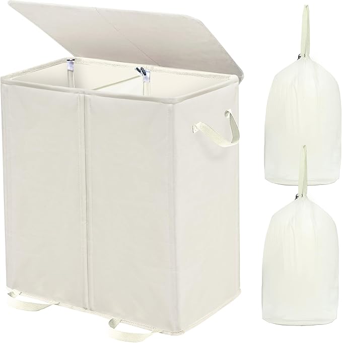 Double Laundry Hamper with Lid and Removable Bags, Laundry Basket 2 Section, Double Hampers for Laundry, Large Divided Hamper, Dual Laundry Hamper 2 Section with Handles Dorm 140L Beige
