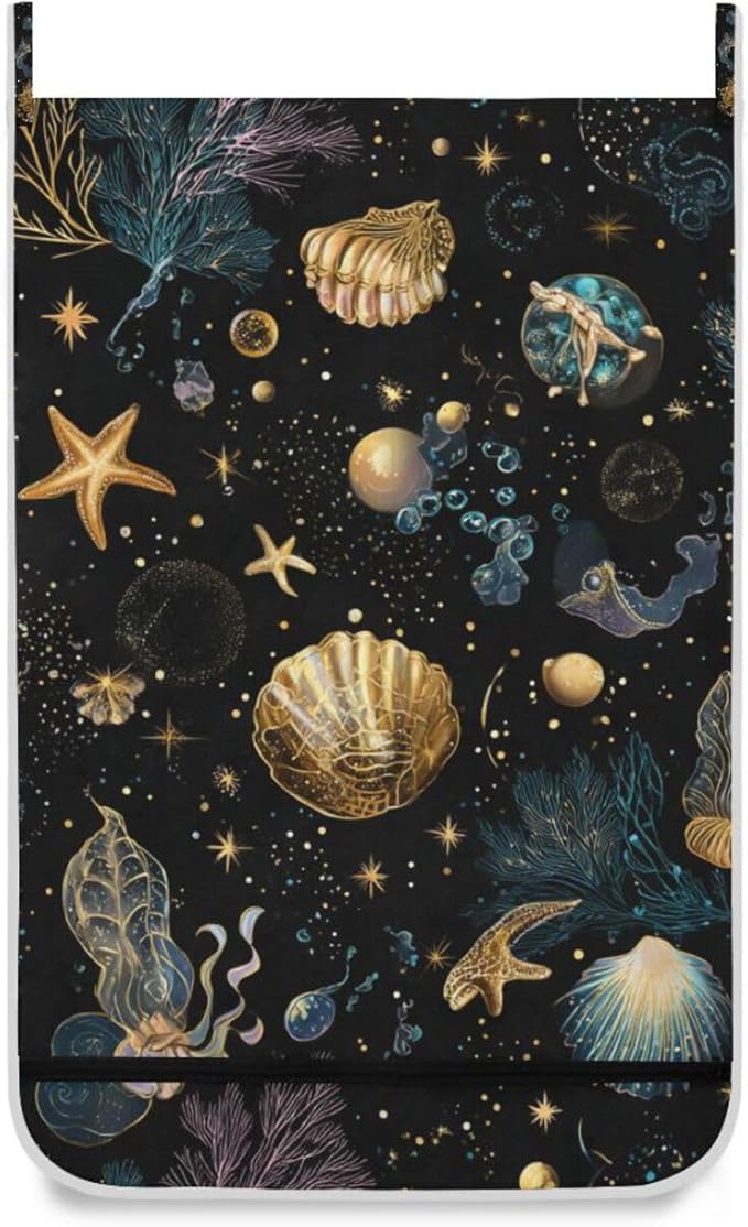 Shell Starfish Black Hanging Laundry Hamper Door Hampers Bag Basket with Stainless Steel Hooks Oxford Fabric Printing Decorative Clothes Bags 29.5X20inch 2Pack