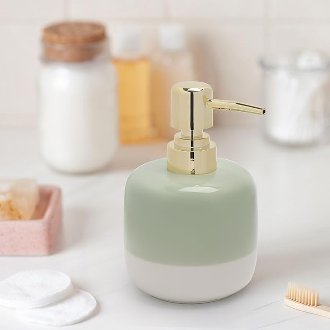 Ceramic Soap Dispenser Green and White Two Color Splicing with Gold Pump,Simple Design Cylindrical Lotion Dispenser Bottle,Refillable Liquid for Kitchen,Bathroom,Washroom