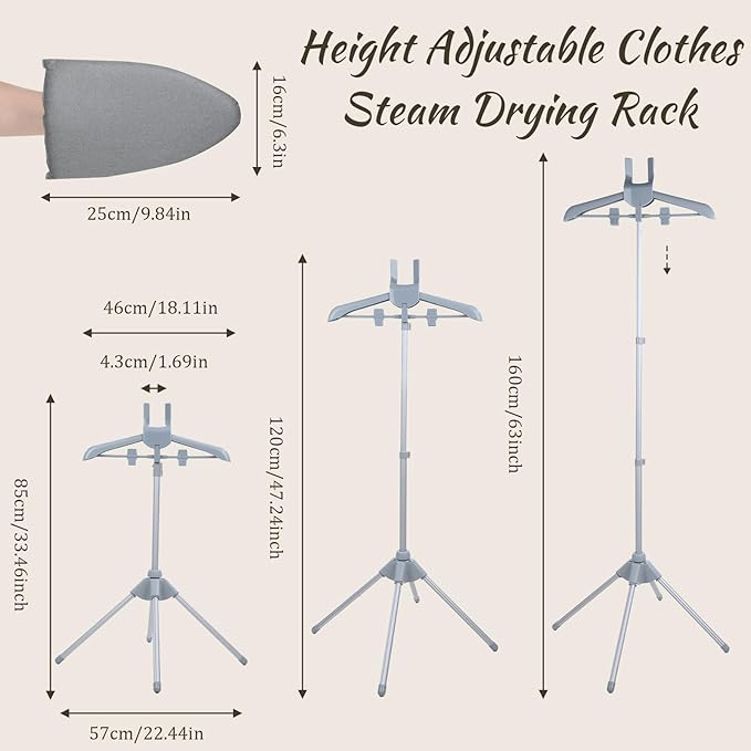 Adjustable Garment Steamer Rack with Garment Ironing Glove, Portable Foldable Clothes Steamer Stand Hanger Handheld Hanging Ironing Stand for Dresses Pants Shirts (32-63 Inch)