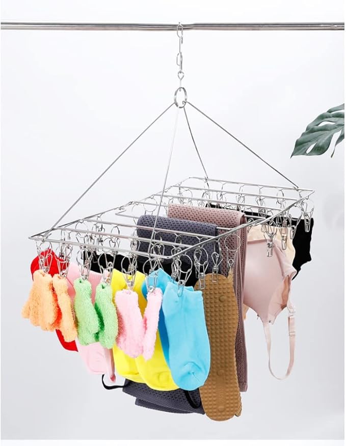 2 Pack Large Collapsible Clothes Drying Hanger, Stainless Steel Metal Laundry Drying Rack for Sock, Diapers, Underwear, Lingerie, Hat, Mask and Herbs (Total 104 Clips)