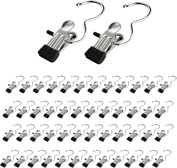 Clothes Pins, 50 Pack Hanger Hooks, Stainless Steel Laundry Clips, Travel Hangers, clothes pins heavy duty outdoor for Closet Hanging, Space Saving hanger Clips for Pants, Jeans, Hats, Boot(50P+Black)