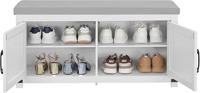 Shoe Storage Bench, 2 Tier Shoe Bench with Padded Seat Cushion & 2 Barn Doors, Entryway Bench with Adjustable Shelf, Farmhouse Shoe Cabinet for Living Room, Bedroom, White SB26603GY