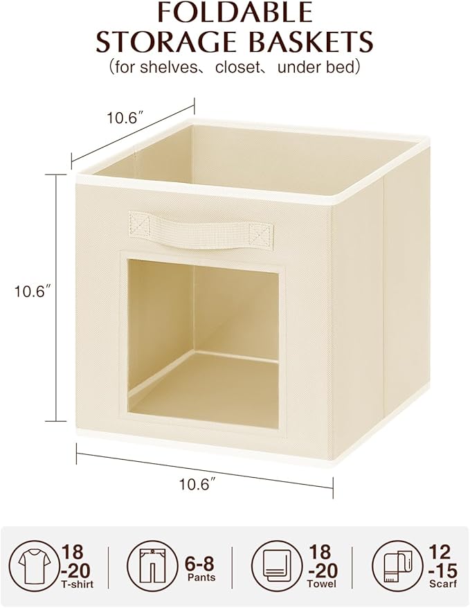 Storage Baskets for Organizing - 6 Pack Cube Storge Bins, Foldable Storage Bins with Handle, Closet Organizers and Storage Baskets for Toys, Clothes, Beige