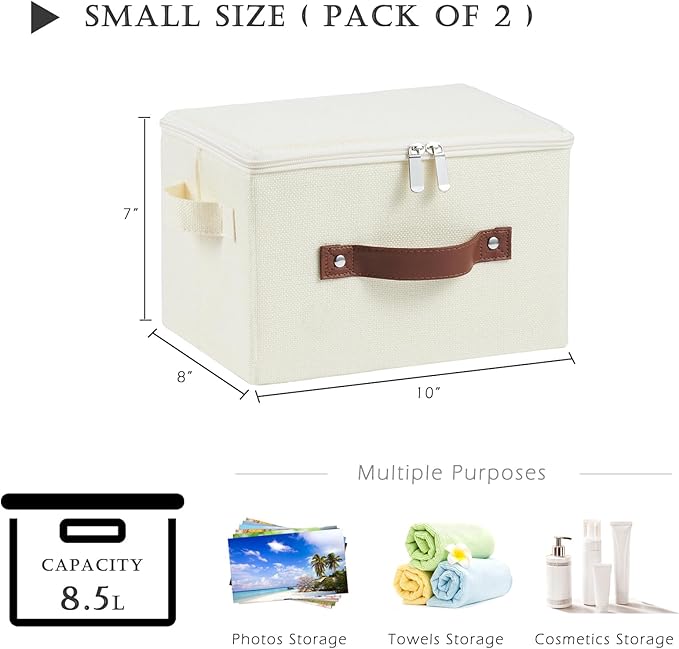 2 Pack Storage Bins with Zipper Lid Cotton Linen Fabric Lidded Storage Baskets Boxes Foldable Washable Closet Shelf Clothes Organizer Container with PU Leather Handles (Beige, Small Size)