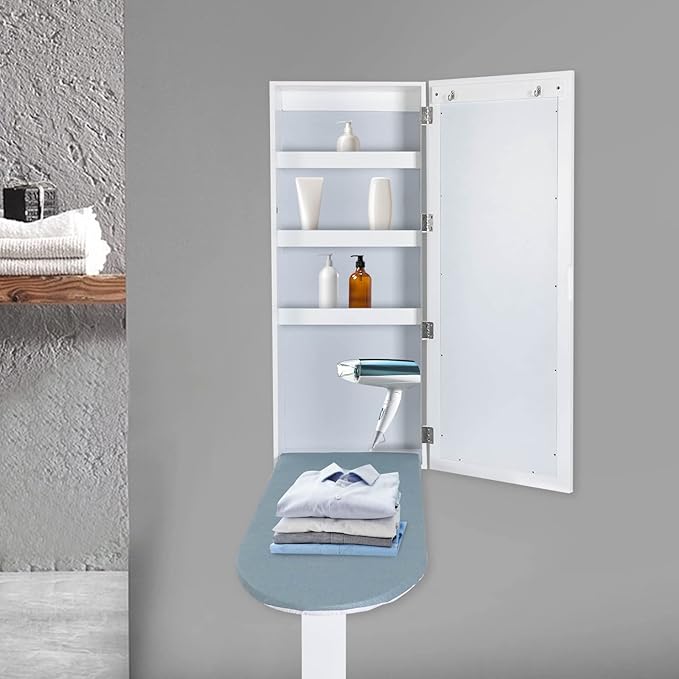 Wall Mounted Ironing Board Cabinet with Mirror, Built in Garment Ironing Surface Ironing Board with Foldable Storage Cabinet for Home Apartment Small Spaces (Style1)