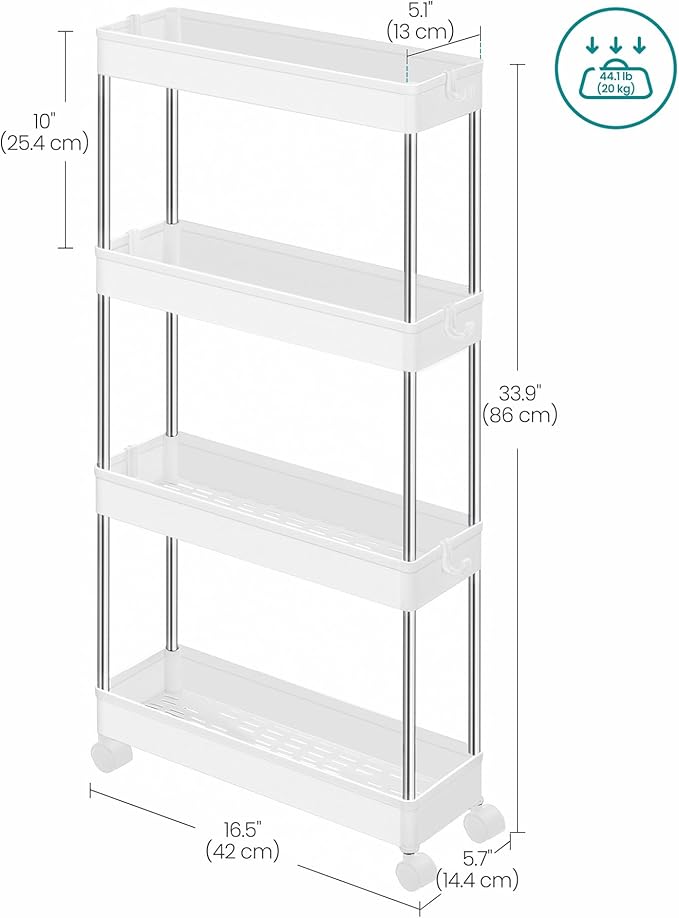 SONGMICS Slim Storage Cart, 4-Tier Rolling Cart, Narrow Utility Cart on Wheels, 6 Hooks, 360° Swivel Wheels, Lockable, Steel Frame, Bathroom, Kitchen, Office, Cloud White UKSC08WT