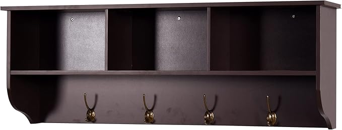 Elegant Espresso Wooden Wall-Mounted Coat Rack with Shelf - Entryway Organizer with 4 Dual Hooks - Modern Storage Display for Home Decor, Plants, Photos - MDF Construction - 39"x8"x14"