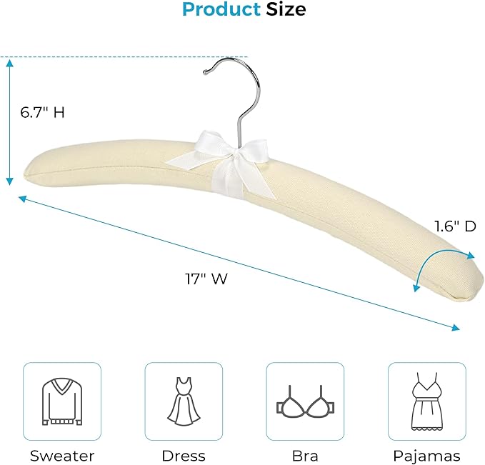 JS HANGER Padded Hangers - 17 Inch Extra Large Heavy Duty Cotton Covered Coat Hangers No Shoulder Bump for Women Clothes, Sweaters, Dresses, Clothing, Weddings, Lingerie Pack of 10, Beige