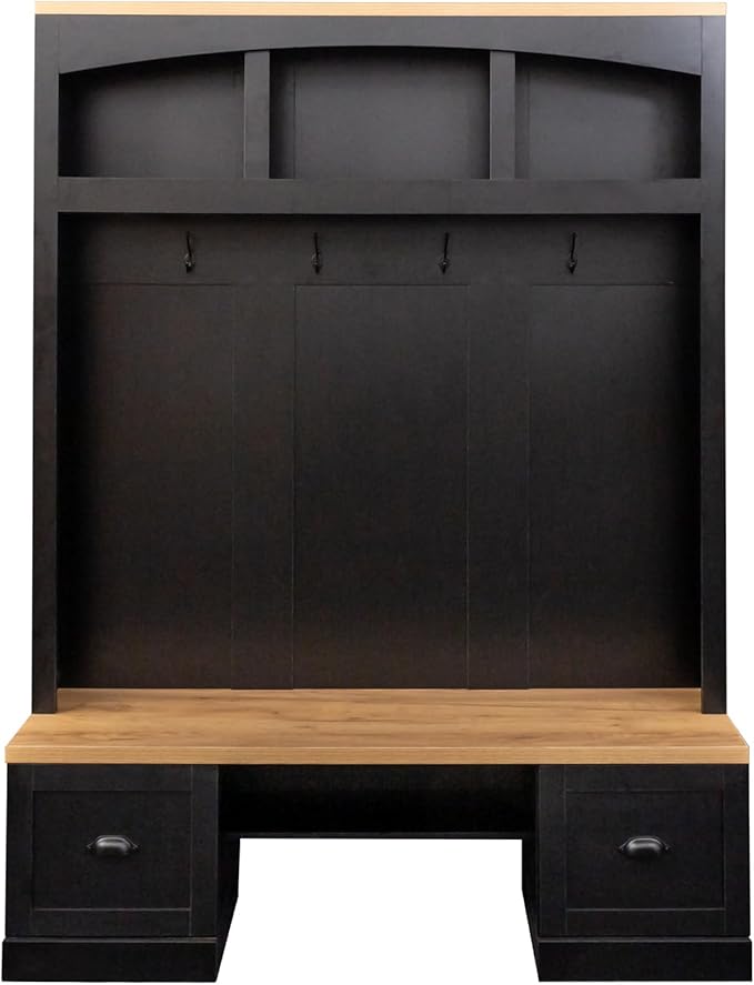 Hall Tree with Wood Grain Bench and Top, Farmhouse 4-in-1 Hall Tree with Black Hooks and Shell Handles, Multifunctional Wood Coat Rack with Adjustable Shelves for Hallway, Living Room (Black/153)