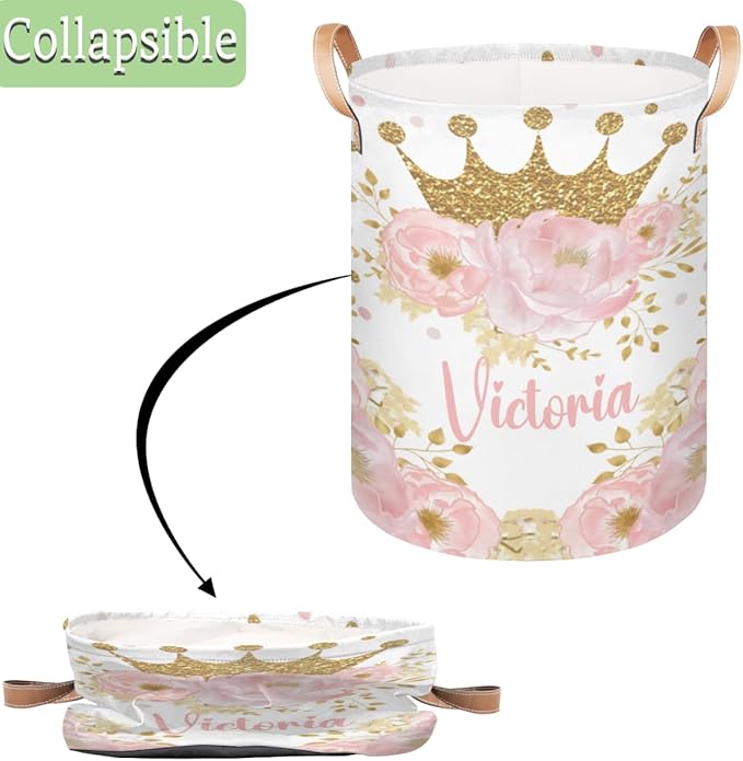 Personalized Laundry Basket, Custom Gift Laundry Hamper, Collapsible Nursery Waterproof Laundry Baskets, Dirty Clothes Toy Hamper with Handles Pink Floral Gold Crown