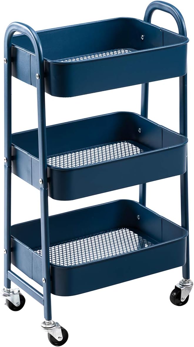 AGTEK 3 Tier Utility Rolling Cart with Lockable Wheels, Metal Multifunctional Storage, Organizer Cart for Kitchen, Office, Living Room, Makeup, Craft, Art Studio,Navy Blue