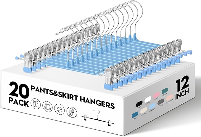 Pants Hangers with Clips 20PACK Adjustable Skirt Hangers for Women Metal Non-Slip Trousers Hanger Heavy Duty Space Saving Clothes Hanger for Shorts,Jeans,12Inch Sky Blue