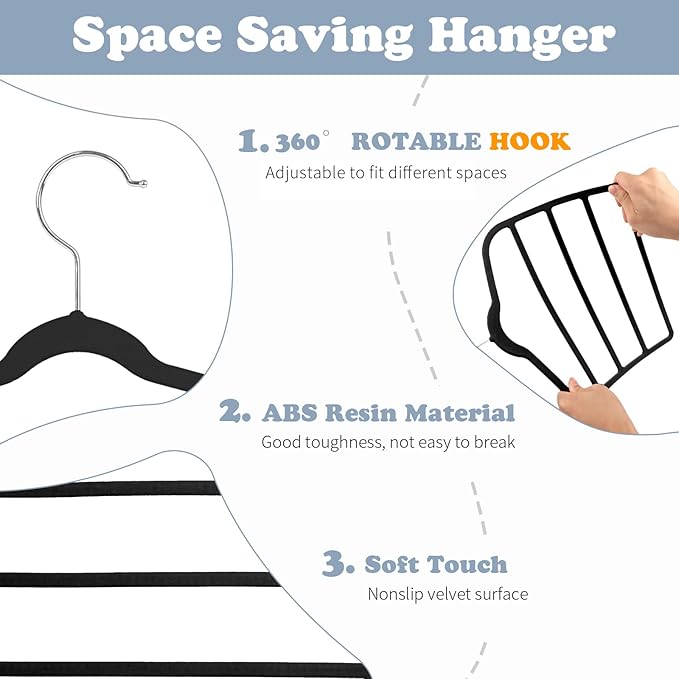 Tinfol Velvet Pants Hanger Space Saving, 4pc Black Non-Silp Velvet Hangers with Hook, Multi Tier Ultra Thin Trousers Hangers, Closet Clothes Hanger Organizer Storage for Trousers, Scarves, Jeans