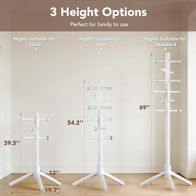 Wooden Coat Rack Freestanding with 12 Hooks 3 Adjustable Heights，Standing Coat Rack Tree for Hat and Coat Rack for Small Spaces Entryway,Office,Bedroom,White
