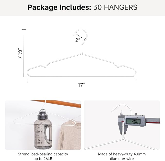 StorageWorks 4mm Super Thick Metal Wire Hangers, Heavy Duty Stainless Steel Clothes Hangers for Coats, Shirts Jackets, Pants, Suits, Space Saving White Hangers for Closet, 30 Pack