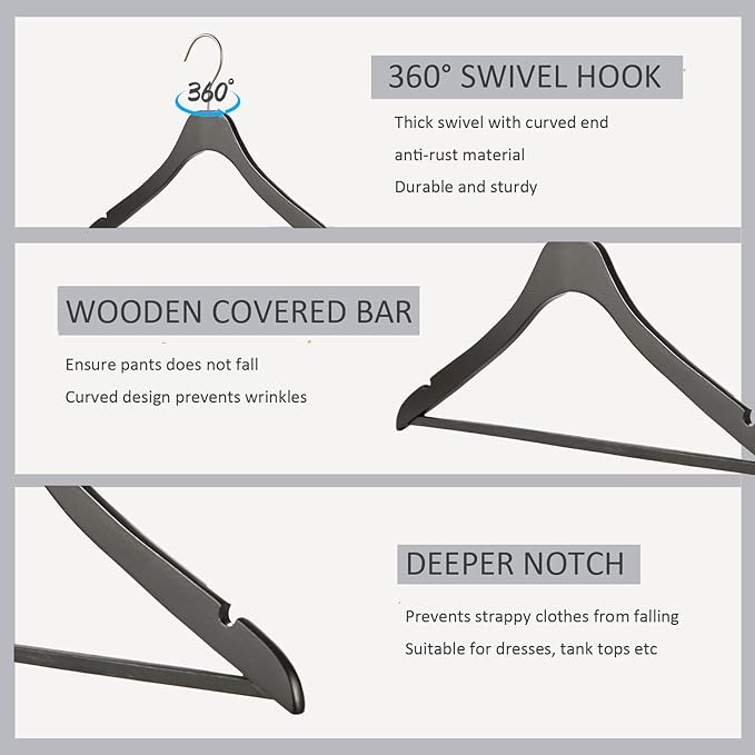 Ultra Thin Wooden Natural Slim Wood Coat Hangers 17.7 inch Space Saving Black Wooden Adult Clothes Hangers,20 Pack Heavy Duty Suit with Pant Bar for Jacket Shirt Suit Pants