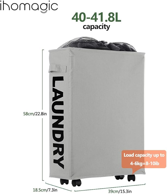 Slim Rolling Laundry Basket with wheel, IHOMAGIC Rectangle Storage Hamper - Thin Laundry Basket Corner Fittable Laundry Bin Flexible Laundry Sorter For Dormitory, Hotel, 39x18.5x58cm 41L, Light Gray
