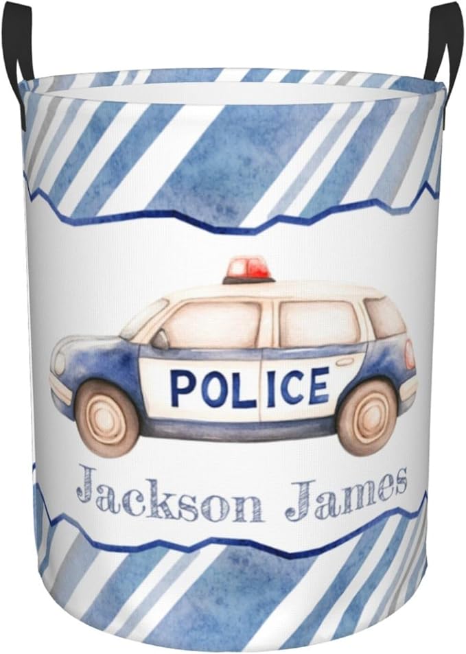 Personalized Police Car Laundry Basket, Custom Laundry Hamper With Name Gifts For Kids Baby Adults, Collapsible Dirty Clothes Storage Organizer With Handles M 19.6 X 15.7in