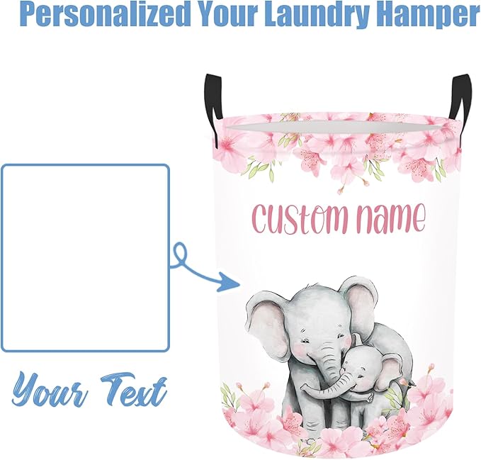 Custom Name Elephant Laundry Baskets for Baby Girls Boys, Personalized Name Laundry Basket for Kids Adults, Personalized Gift Pink Laundry Hamper with Handles, Customize Storage Basket