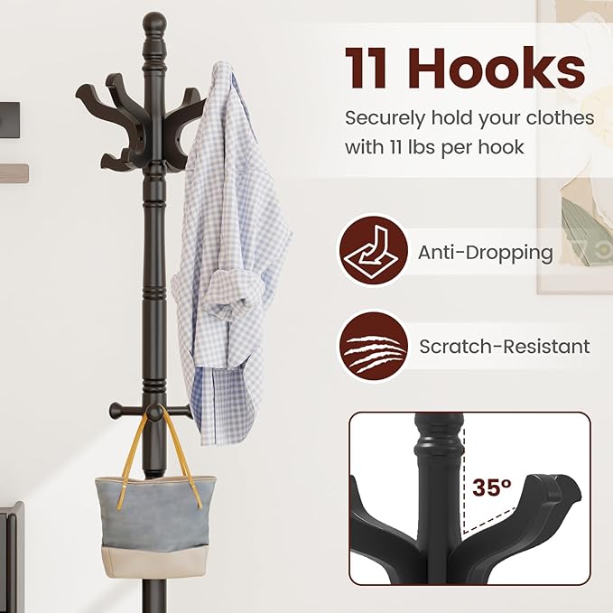 Giantex Solid Wood Coat Rack, Freestanding Hall Tree with 3 Adjustable Heights and 11 Hooks, Rubber Wood Frame, Entryway Hanger Stand, Wooden Garment Rack for Hallway, Living Room (Black)