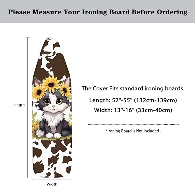 GLENLCWE Sunflower Cat Bronze Cow Ironing Board Cover with Hook and Loop,Cute Animal Print Ironing Board Cover Thick Replacement with Elastic Edge for Home