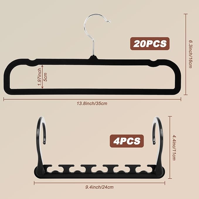 OneDream 20 Pack Velvet Pants Hangers 13.78 Inch with Non Slip Bar, Space Saving Hangers for Clothes, Jeans, Shorts,Trousers, Bra and Tank Tops, 360 Degree Swivel Hook, Black