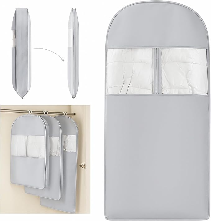 Space Saving Hanging Compression Garment Bag with Zipper for Closet Storage, Hanging Clothes Storage Bag, Garment Covers for Coats and Down Jackets, Gray, XL