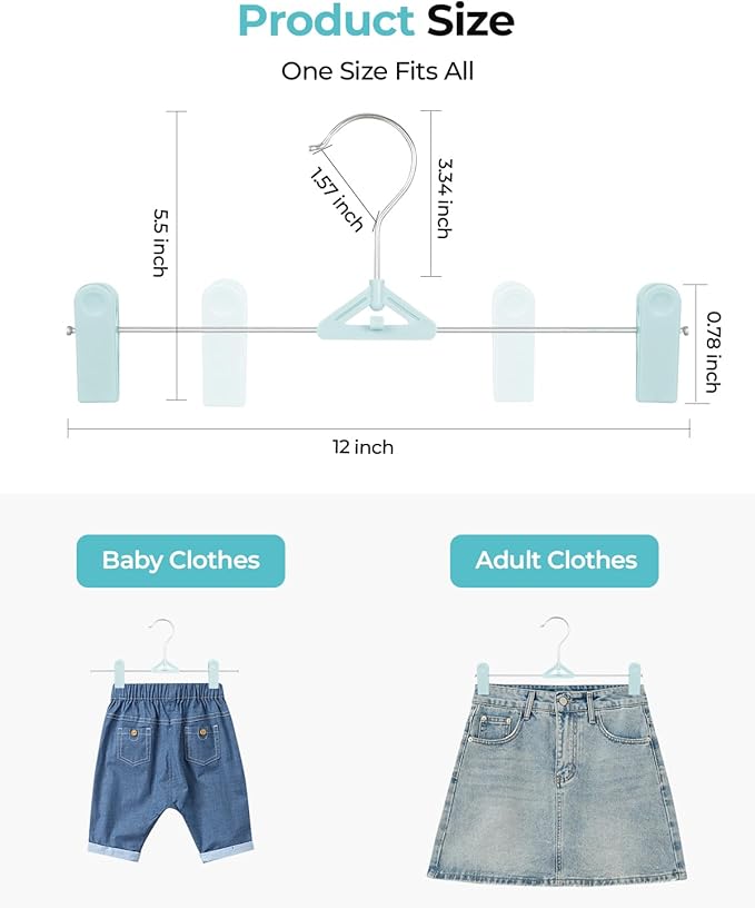 Pant Skirt Hangers with Clips 50 Pack - Space Saving Stackable Shorts Hangers with Clips - Non-Slip, Adjustable for Women, Kids, Men, Children, Blue