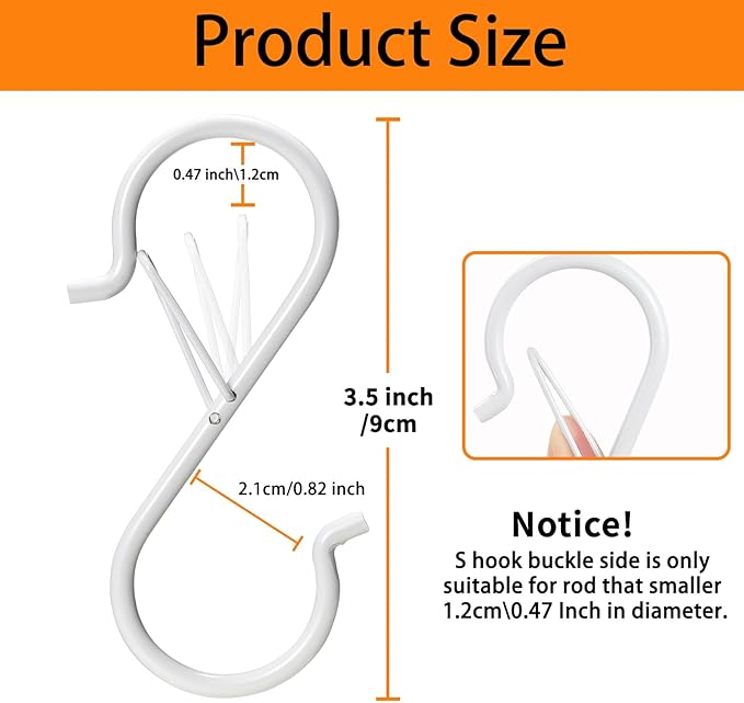 12 PCS S Hooks for Hanging with Safety Buckle, 3.5 inch Heavy Duty Metal S Shaped Hooks Stainless Steel for Hanging Kitchen Utensil, Cups, Pots, Plants, Bags, Hats (White)
