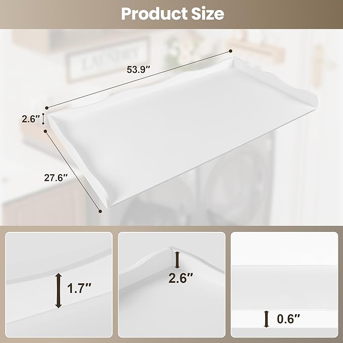 Washer Dryer Countertop,54''X27.6'' Wave Edge Wood Shelf Topper with Anti-Slip Patches,Laundry Room Washer and Dryer Laundries Hamper Counter Storage Organization (White)