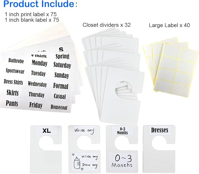 20 Pack White Clothing Rack Size Dividers Plus 90 Labels (1 Inch) and 20 Large Blank Labels, Large Rectangular Clothing Closet Dividers (Pearl White)