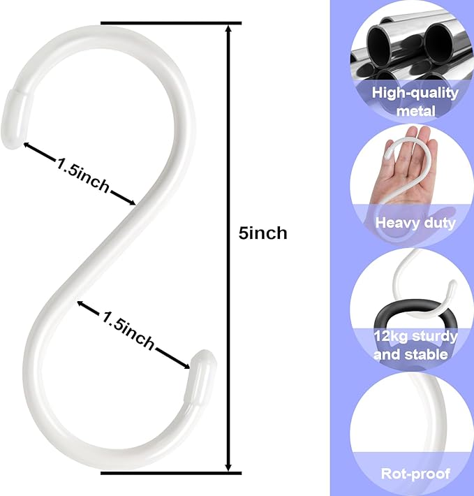 5 Inch S Hooks for Closet, Large S Hooks for Hanging Jeans, 12 Pack White Vinyl Coated S Hook, Non Slip Closet and Kitchen Heavy Duty S Hook for Hanging Plants, Jewelry, Pot, Pan, Cups
