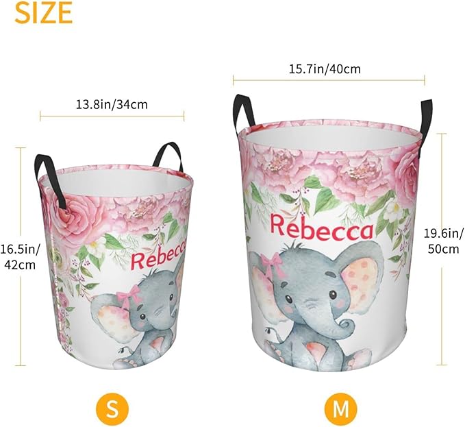 Pink Rose Elephant Personalized Laundry Hamper Custom with Name Collapsible Waterproof Storage Basket with Handles for Bedroom Decor Gift.