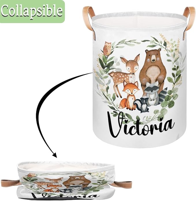Personalized Laundry Basket, Custom Gift Laundry Hamper, Collapsible Nursery Waterproof Laundry Baskets, Dirty Clothes Toy Hamper with Handles Woodland Greenery Animals