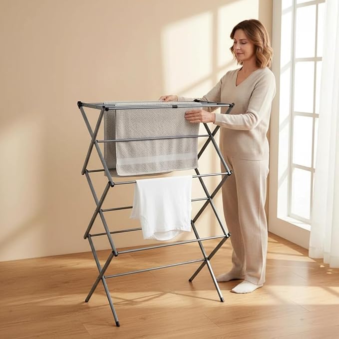 Drying Racks 3 Tier Expandable Clothes Airer Collapsible Clothes Drying Rack, Space-Saving Laundry, Hanging Clothes Indoors & Outdoors, Lightweight, Compact, Folds Away for Convenient Storage