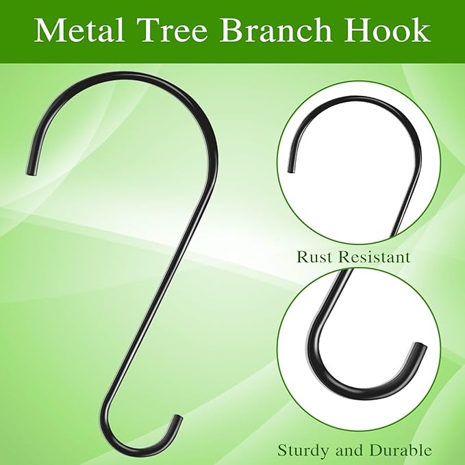 Dreecy 12-Inch Tree Branch Hooks, 6 Pack Extra Large S Hooks for Hanging Plants, Heavy Duty Bird Feeder Hook for Hanging Plants, Black Bird Feeder Hangers for Outside, Lanterns and Ornaments