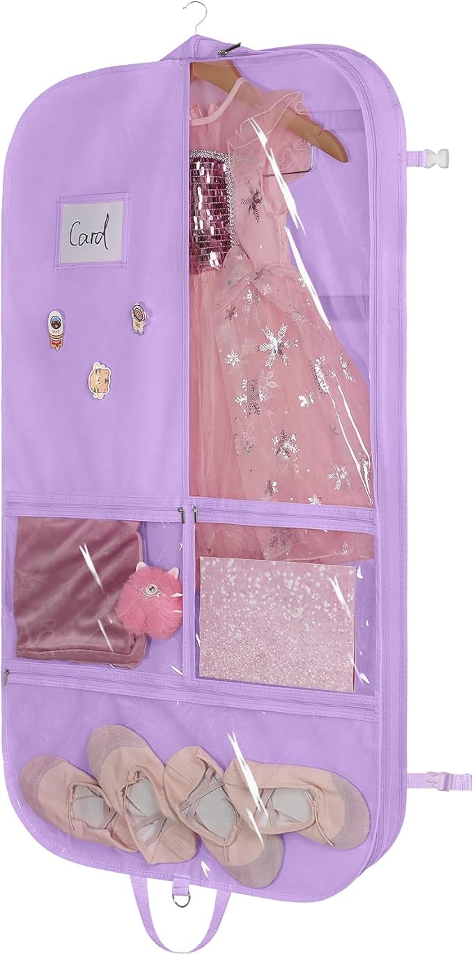 Univivi Purple Dance Costume Bags Garment Bag 40 Inch for Dance Competitions, 3 Medium Clear Zipper Pockets and 2 Back Zippered Pockets, with 1 xPendant, 3 x Badge