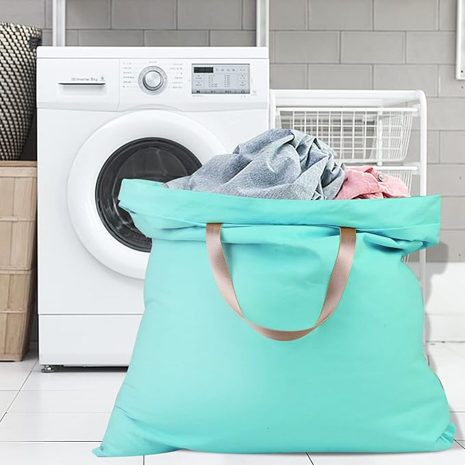 Sanlykate Large Canvas Cotton Laundry Bag with Drawstring & Handles, Heavy Duty Durable Dirty Clothes Organizer, Tear Resistant Hamper Liner Storage Bag, Travel Sack, 25.5 x 34inch - Lake Blue