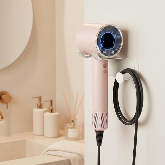 Hair Dryer Holder, Dyson Hair Dryer Holder, Blow Dryer Holder with Cord Hook SUS304 Stainless Steel Wall Mount, Self Adhesive/Screw Space Saving Hairdryer Holder for Bathroom White