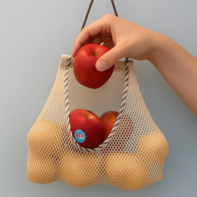 Durable Reusable Hanging Storage Mesh Bags for Fruits, Vegetables, Garlic, Ginger & Potatoes, Kitchen Storage Mesh Bag, Breathable Storage Bags for Home Decor & Kitchen Decor (2 white bags & 2 hooks)
