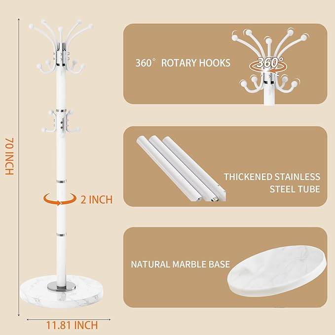 Metal Heavy Duty Coat Rack Stand, Modern 360° Roraty Freestanding Coat Rack with Natural Marble Base, White Coat Racks Hall Tree Hanger Stand with 16 Hooks for Entryway, Office