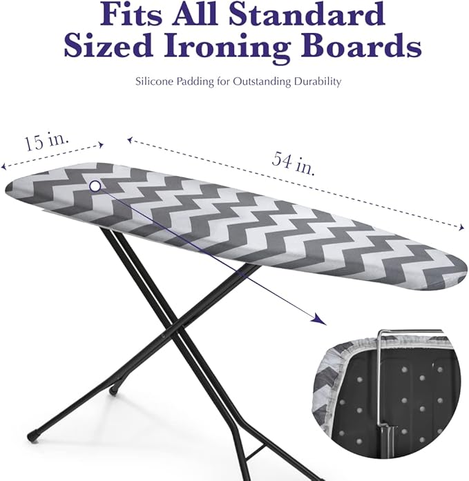 Epica Ironing Board Cover and Pad - Standard Size 15x54 Padded Ironing Board Covers, Heat Reflective Coating, Thick Pads, Scorch & Stain Resistant Iron Board Cover with Padding Grey Chevron