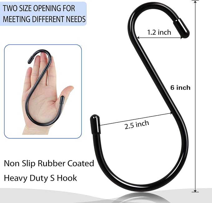 12 Pack 6 Inch Large S Hooks, Heavy Duty Vinyl Coated Non-Slip Metal Black Hooks for Hanging, Closet Kitchen Bathroom Garden Hooks for Pots Pans Clothes Plants Jeans Towels