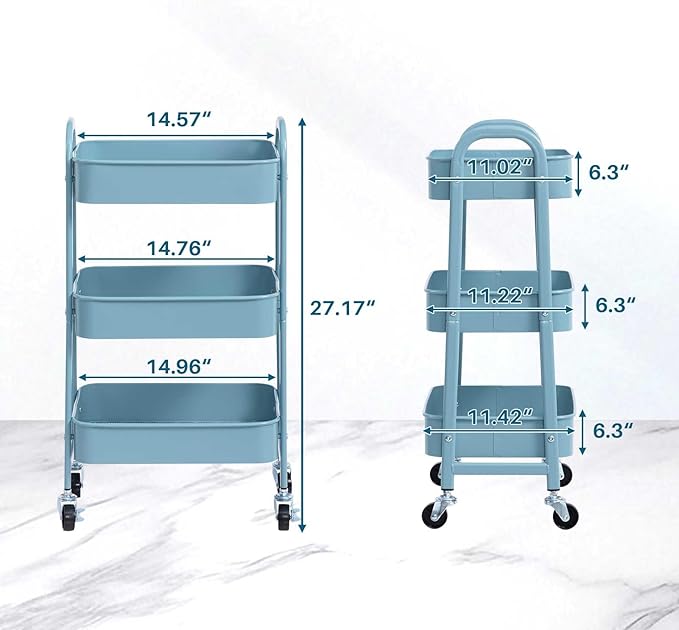 AGTEK 3 Tier Utility Rolling Cart with Lockable Wheels, Metal Multifunctional Storage, Organizer Cart for Kitchen, Office, Living Room, Makeup, Craft, Art Studio, Light Blue