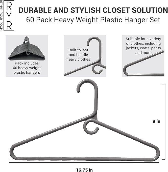 Clothes Hangers 60 Pack Plastic - Heavy Duty Space Saving Coat, Velvet Hangers, Pant Hangers for Closet Organization - Durable Non-Slip Warsaw Grey Wardrobe Essentials Bulk Storage