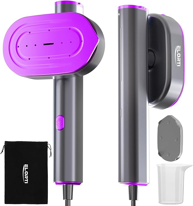 Steamer for Clothes ELORTI, Travel Clothes Steamer Handheld Portable Mini Small, 2-in-1 iron with 10s Fast Heat-Up, Rotatable Head 1200W, 110-120V, Office & Home, purple