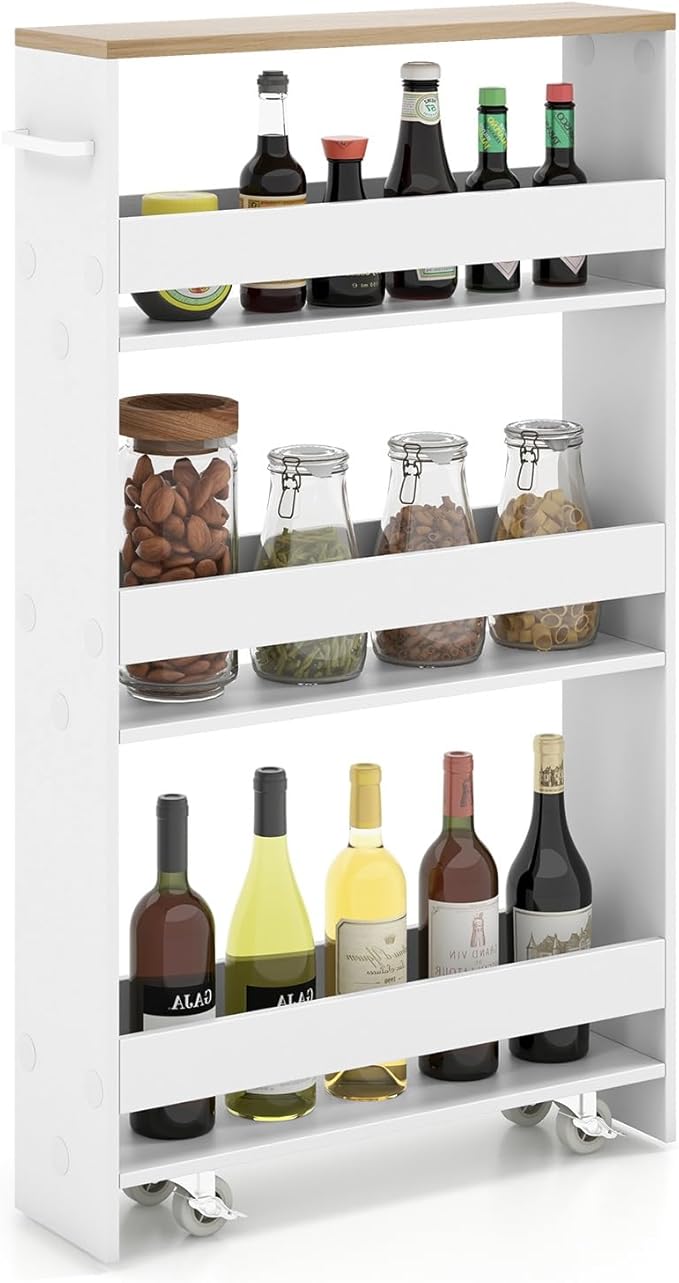 5”W Wooden Slim Rolling Storage Cart, 4 Tier Rolling Spice Rack with Handle, Cabinet Between Washer & Dryer, Slide Out Narrow Kitchen Cart for Kitchen Laundry Narrow Places